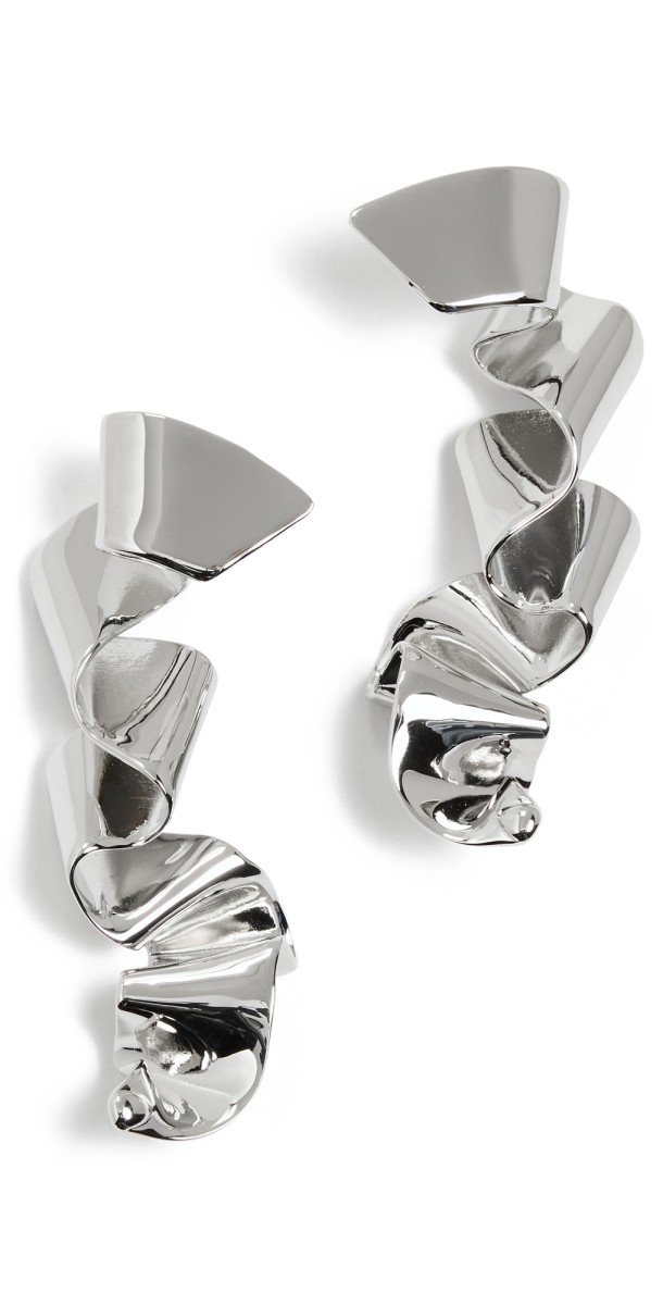 Elsie Frieda Metal Sculpture Ribbon Earrings Silver