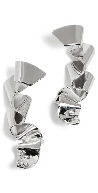 Elsie Frieda Metal Sculpture Ribbon Earrings Silver