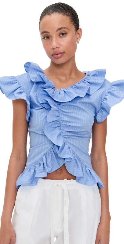 AKNVAS Penelope Cotton Poplin Top Azure Stripe