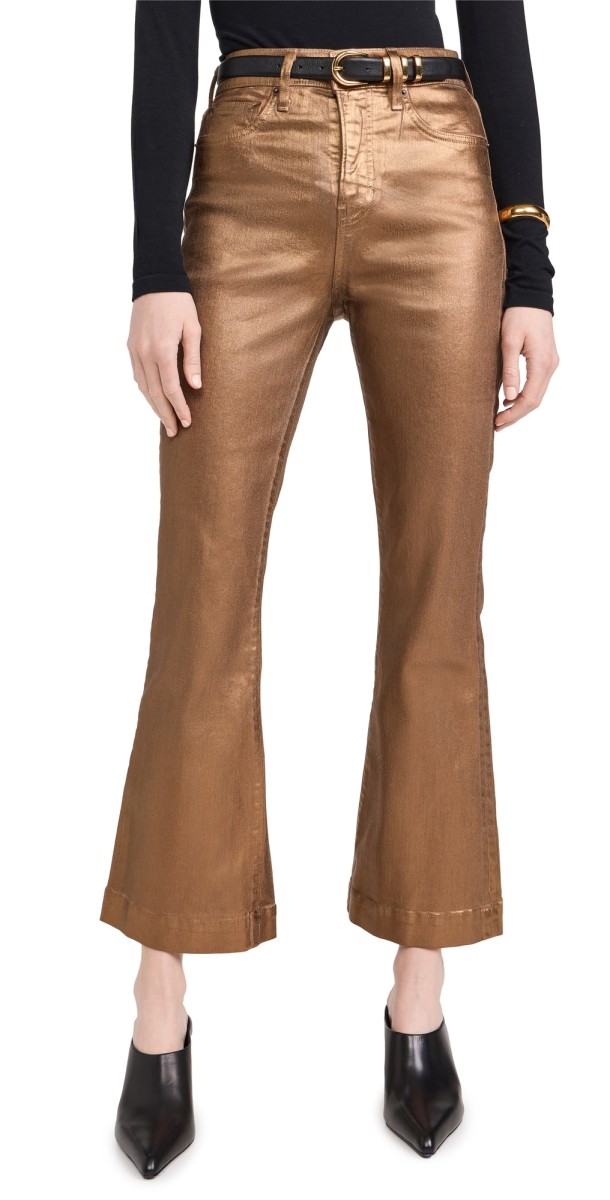 Veronica Beard Jean Carson Ankle Flare Metallic Jeans Antique Brass