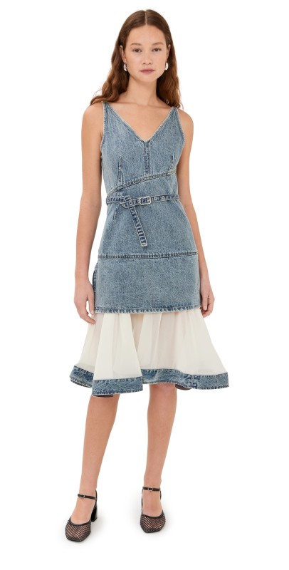 3.1 Phillip Lim Sleeveless Belted Dress with Chiffon Combo Washed Indigo