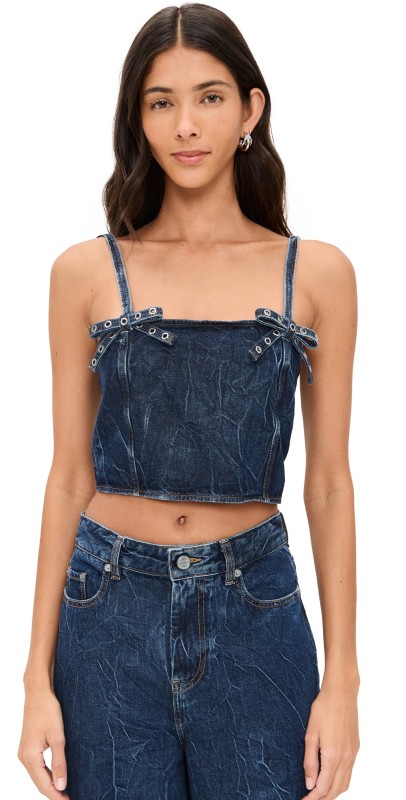 GANNI Crinkled Future Denim Strap Top Mid Blue Stone