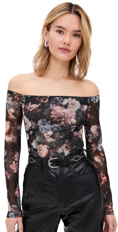 L'AGENCE Peonie Off Shoulder Bodysuit Black Multi Vintage Oil Flower