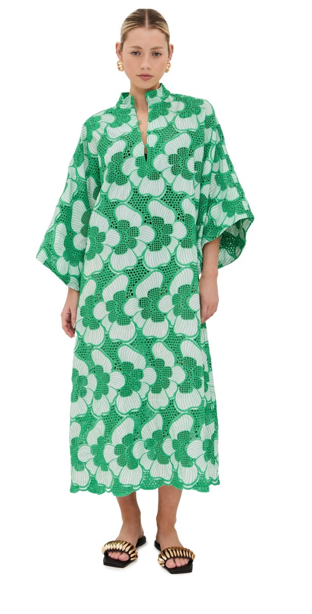 La Vie Style House Netted Lace Florals Mini Caftan Green & Whit