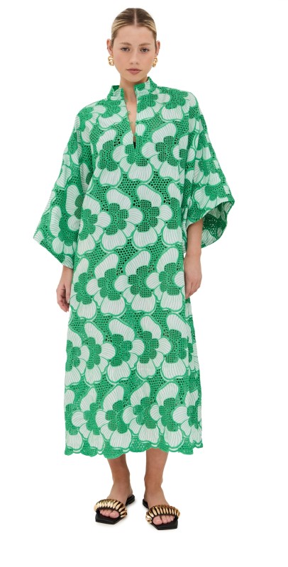 La Vie Style House Netted Lace Florals Mini Caftan Green & Whit