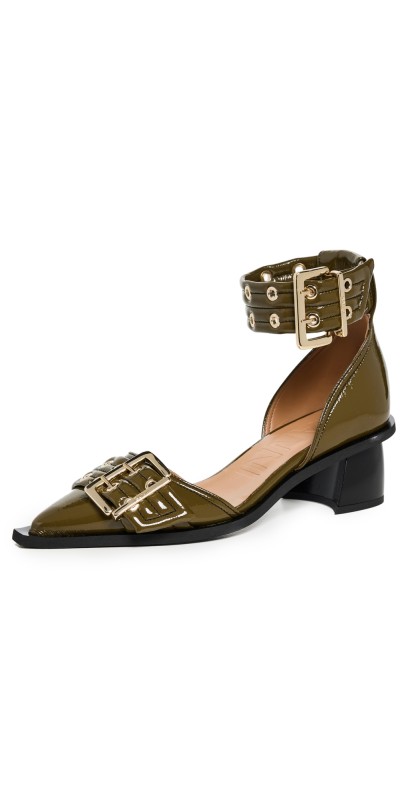 GANNI Buckle Open Cut Pumps Military Olive