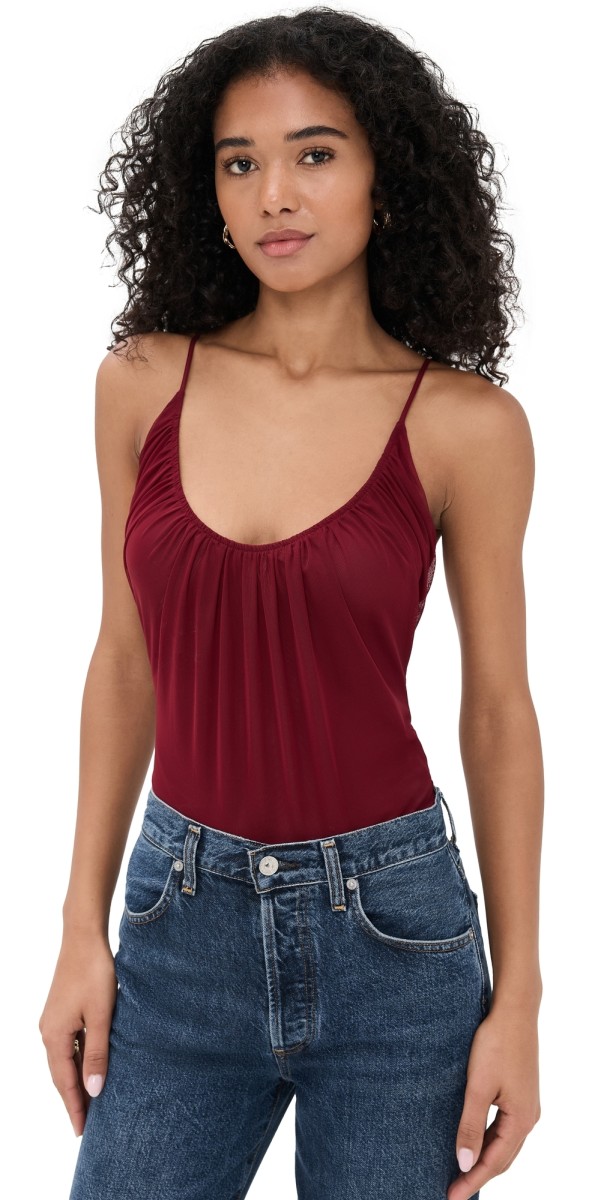 L'AGENCE Gelina Ruched Thong Bodysuit Black Cherry