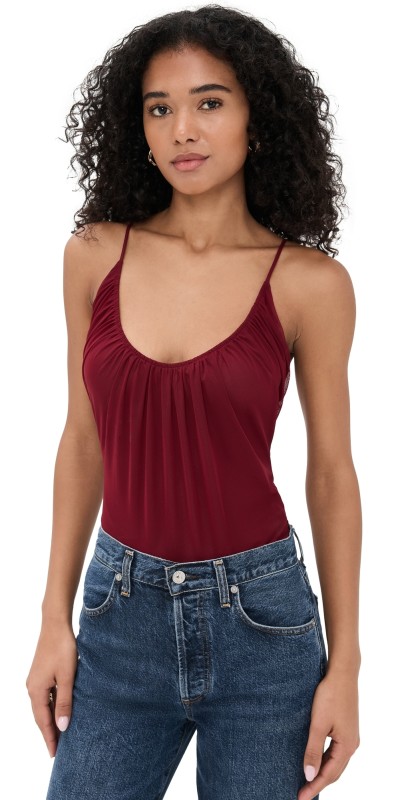 L'AGENCE Gelina Ruched Thong Bodysuit Black Cherry