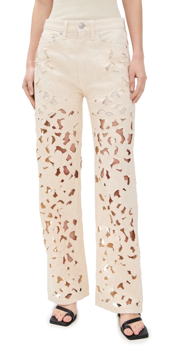 rag & bone Logan Wide Leg Floral Cutout Pants Ecru