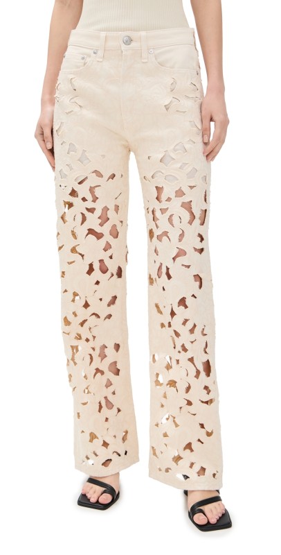 rag & bone Logan Wide Leg Floral Cutout Pants Ecru