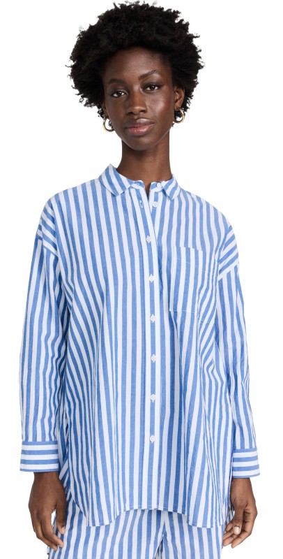Madewell The Signature Poplin Oversized Shirt in Springy Stripe Bayside Stripe Hermitage Blue