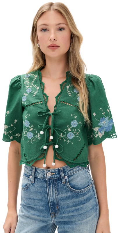 Sea Vesna Embroidery Tie Front Top Green
