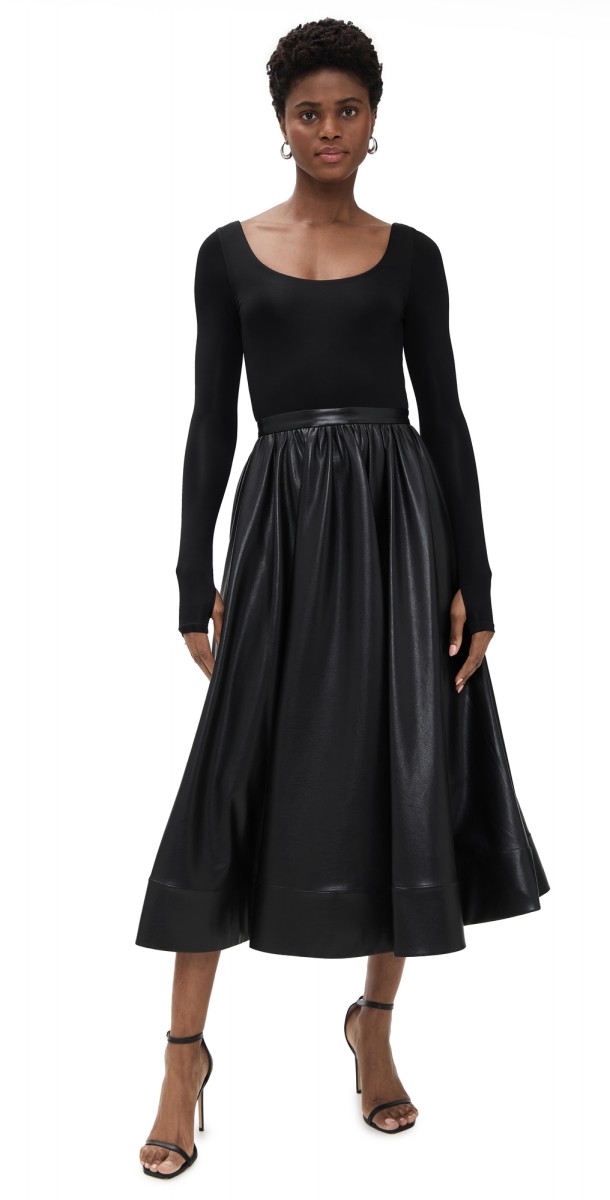 alice + olivia Chara Vegan Leather Scoop Neck Midi Dress Black