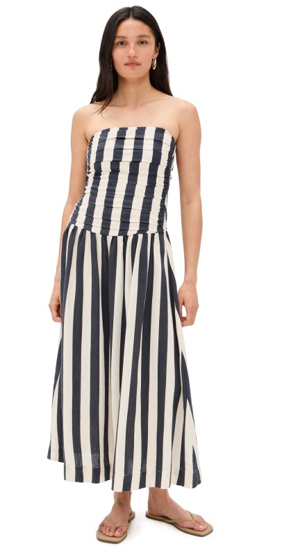 Moon River Striped Strapless Midi Dress Navy/White