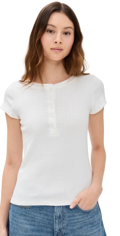 Marea Pointelle Short Sleeve Henley White