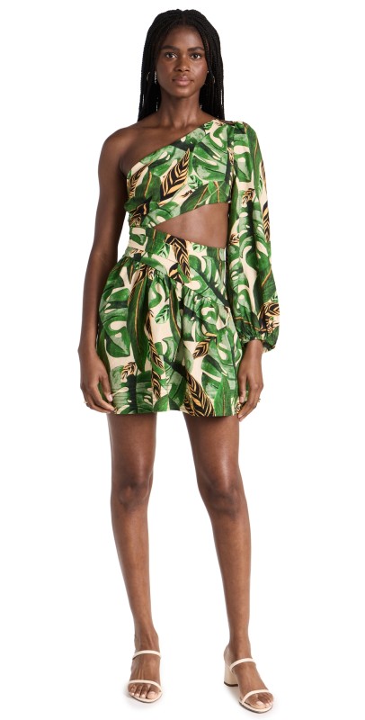 FARM Rio Tropical Leaves One Shoulder Mini Dress Tropical Leaves