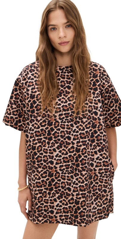 Marques'Almeida Bonded Satin Leopard Print T-Shirt Dress Brown