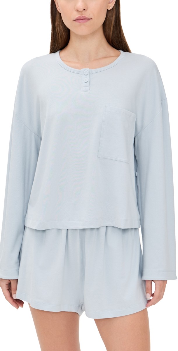 Lunya Slumber Knit Long Sleeve Henley Shorts Set Tranquil Blue
