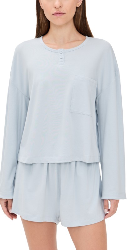 Lunya Slumber Knit Long Sleeve Henley Shorts Set Tranquil Blue