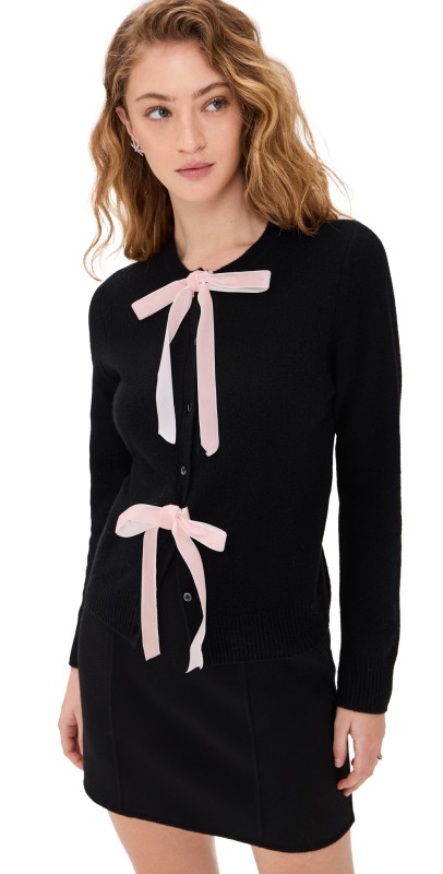 Lingua Franca Brushed Wool Cardigan With Bows Black
