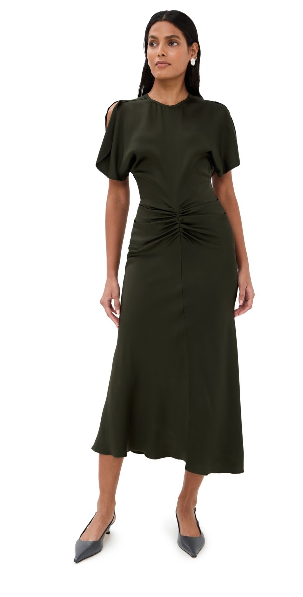 Victoria Beckham Gathered Waist Midi Dress Dark Olive