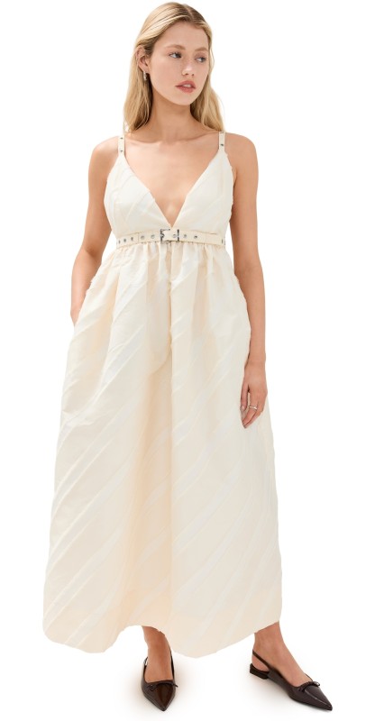GANNI Stripe Taffeta Strap Dress Egret