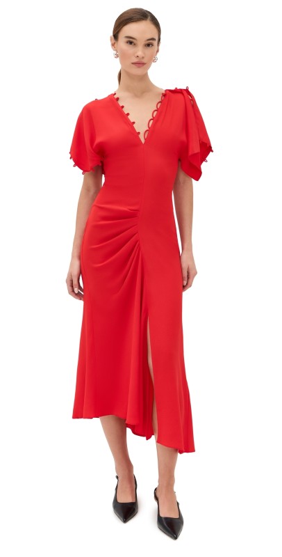 Victoria Beckham Short Sleeve Rouleaux Detail Dress Cayenne