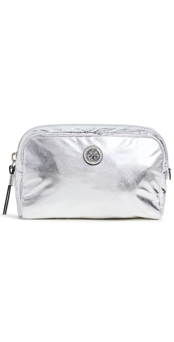 Tory Burch Metallic Curved Cosmetic Case Silver