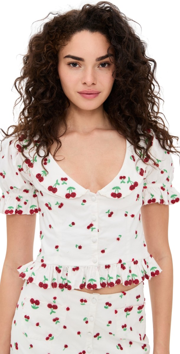 For Love & Lemons Beaded Cherries Top White