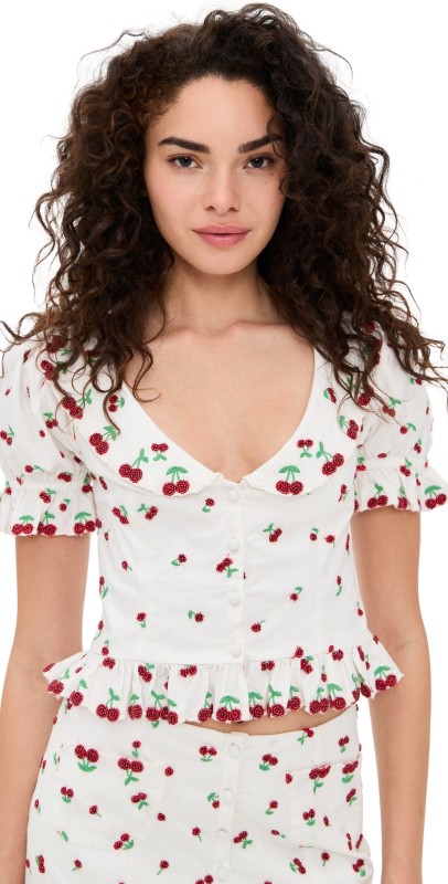 For Love & Lemons Beaded Cherries Top White
