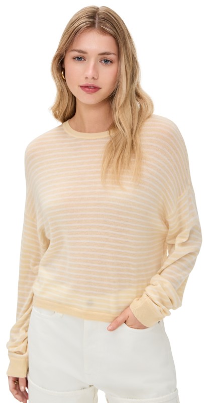 White + Warren Superfine Cashmere Blend Striped Sweatshirt buttercream/white