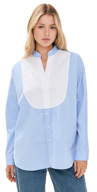 Frank & Eileen Collarless Buttondown Shirting Blue w/ White Bib