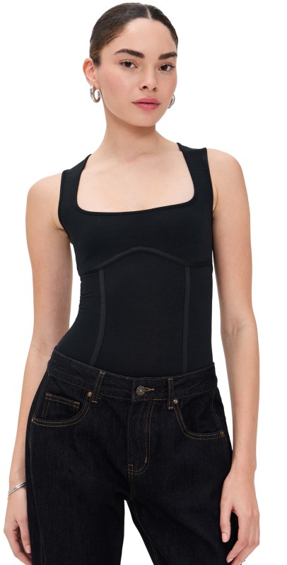 Fleur du Mal Cotton Scoop Neck Thong Bodysuit Black