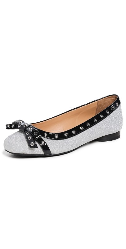GANNI Eyelets Bow Ballerina Glitter Flats Silver