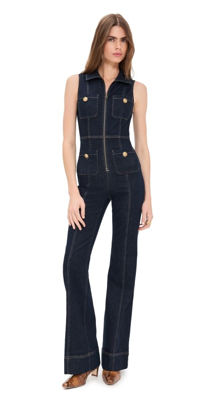 alice + olivia Rachel Sleeveless Denim Jumpsuit Dark Rinse