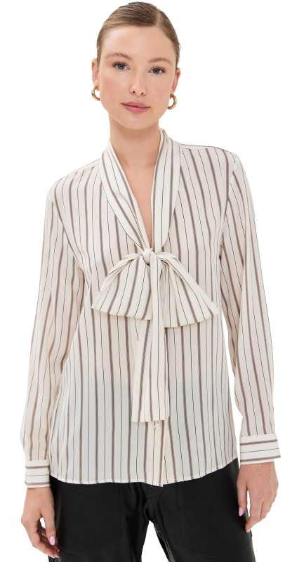 Nili Lotan Angelique Tie Neck Blouse Brandy Stripes