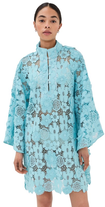 La Vie Style House Mod Floral Lace Mini Caftan Blu