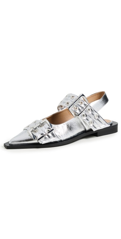 GANNI Buckle Ballerina Flats Silver