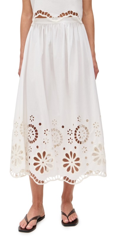 THE GREAT. The Super Bloom Eyelet Skirt White