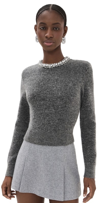 Self Portrait Charcoal Embellished Knit Top Grey