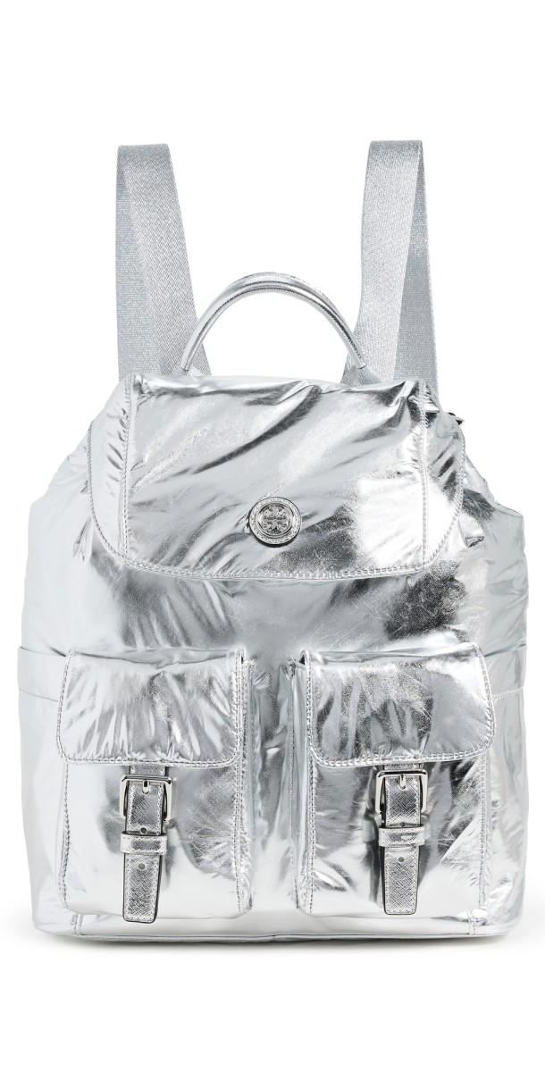 Tory Burch Virginia Metallic Flap Backpack Silver