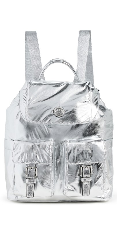 Tory Burch Virginia Metallic Flap Backpack Silver
