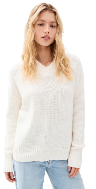 La Ligne Solid Marin V Neck Sweater Cream