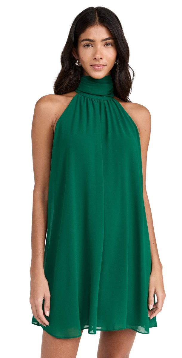 alice + olivia Corine Halter Tie Neck Trapeze Mini Dress Forest Green