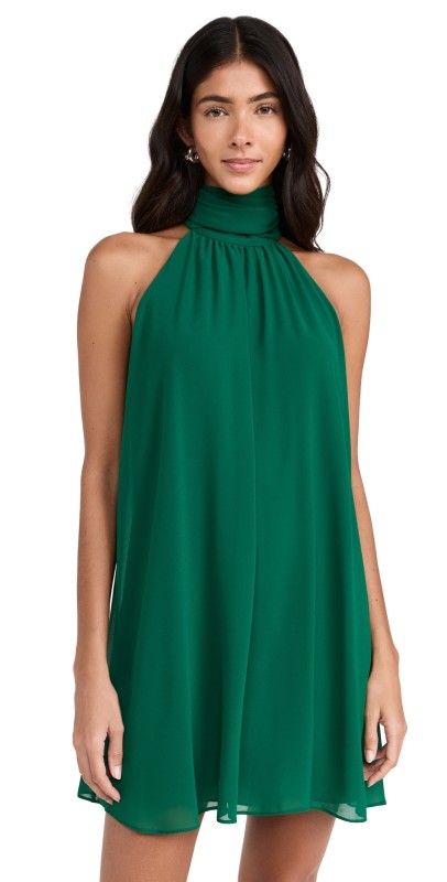 alice + olivia Corine Halter Tie Neck Trapeze Mini Dress Forest Green