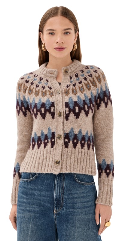 Veronica Beard Christina Fair Isle Cardigan Oatmeal Melange Multi