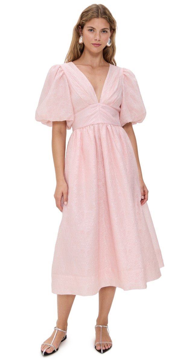 Sea Florence Embossed Puff Sleeve Midi Dress Pink