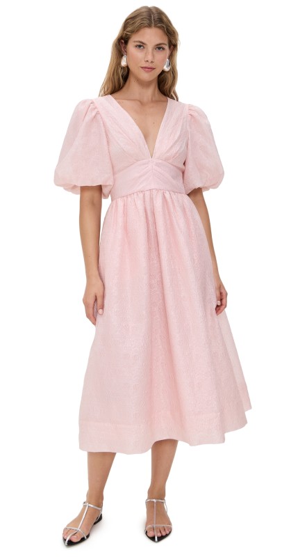 Sea Florence Embossed Puff Sleeve Midi Dress Pink