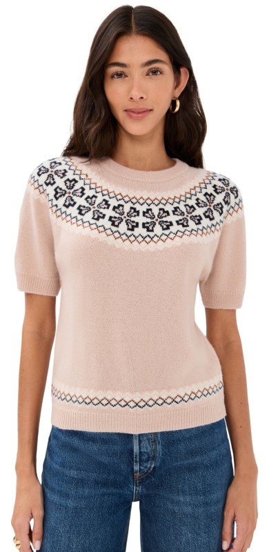 FRAME The Short Sleeve Cashmere Fair Isle Sweater Pink Sand