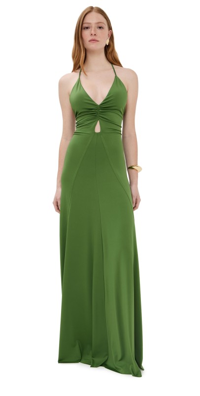 Victoria Beckham V-Neck Ruched Cami Gown Algae